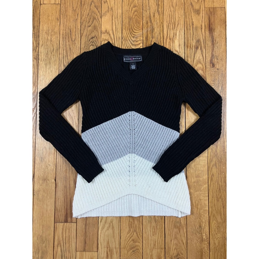 Polly & Esther‎ Women's V-Neck Color Block Knit Sweater Size S Black Gray White